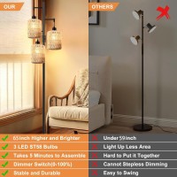 Qiyizm Floor Lamp For Living Room Bedroom Boho Rattan Floor Lights Dimmable Tree 3 Lights Industrial Black Farmhouse Standing La