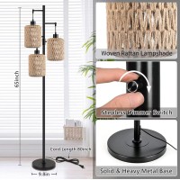 Qiyizm Floor Lamp For Living Room Bedroom Boho Rattan Floor Lights Dimmable Tree 3 Lights Industrial Black Farmhouse Standing La