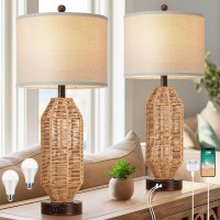 275 Tall Rattan Table Lamps Set Of 2 Wicker Lamps With Usb Ca Ports Farmhouse Boho Bedside Lamps With Linen Lampshade Ro