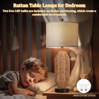 275 Tall Rattan Table Lamps Set Of 2 Wicker Lamps With Usb Ca Ports Farmhouse Boho Bedside Lamps With Linen Lampshade Ro