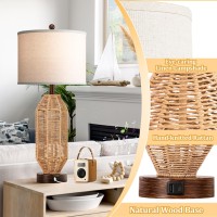 275 Tall Rattan Table Lamps Set Of 2 Wicker Lamps With Usb Ca Ports Farmhouse Boho Bedside Lamps With Linen Lampshade Ro