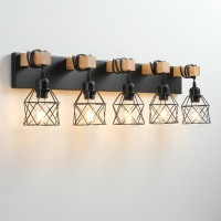 Farmhouse Vanity Light Fixture 5Light Bathroom Lighting Black Industrial Wood Wall Light Over Mirror With Metal Shade Led Bulbs