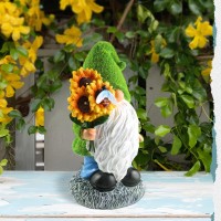 Bhooo Solar Garden Gnome Statue For Outdoor 135 Resin Garden Gnomes Figurine Holding Sunflowers With Solar Powered Lights Ya