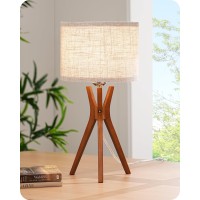 Edishine Mid Century Table Lamp 175 Tripod Bedside Lamp With Deep Wood Color Light Base Beige Linen Lampshade Nightstand