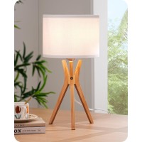 Edishine Modern Tripod Table Lamp 175 Bedside Lamp With Natural Wood Light Legs White Linen Lampshade Nightstand Lamp For