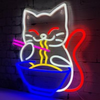 Anime Maneki Neko Ramen Neon Sign Japanese Lucky Cat Noodle Led Light Sign For Home Living Room Wall Decor Cartoon Cat Art Dec