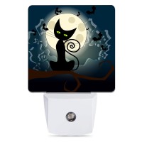 Black Cat Fantasy Halloween Night Light Full Moon Bats Night Lights Plug Into Wall Decorations For Bedroom Bathroom Kitchen