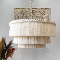 Lagom Bohemia Tassel Pendant Light, Fringe Chandelier Ceiling Light Handmade,Boho Light Fixture Cotton Fringes Ceiling Light (Beige- 23'' Wide, Plug In)