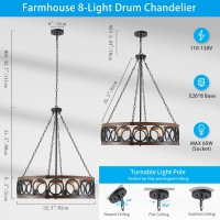 Xingqi 8 Lights Modern Farmhouse Chandelier Black 323 Large Drum Light Fixture Rustic Pendant Lighting For Living Room Dining