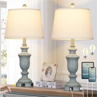 Cinkeda 256 Coastal Table Lamps Set Of 2 With Usb Ca Ports Ac Outlet For Rustic Living Room Retro Bedroom 3Way Dimmable T