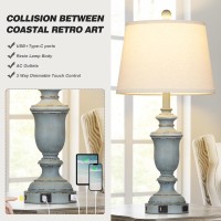 Cinkeda 256 Coastal Table Lamps Set Of 2 With Usb Ca Ports Ac Outlet For Rustic Living Room Retro Bedroom 3Way Dimmable T