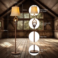 Rustic Farmhouse Antlers Floor Lamp With Night Light Faux Leather Bell Shade Brown Finish Tall Industrial Tall Standing Lamp Decor For Living Room Bedroom Hotel Office (Led Bulb Included)