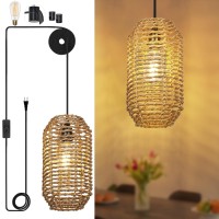 Ruzectt Plug In Pendant Light, Rattan Hanging Lights With On/Off Switch 15Ft Black Cotton Cord, Boho Wicker Hanging Lamp For Bedroom,Living Room (On/Off Switch-B)