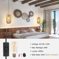 Ruzectt Plug In Pendant Light, Rattan Hanging Lights With On/Off Switch 15Ft Black Cotton Cord, Boho Wicker Hanging Lamp For Bedroom,Living Room (On/Off Switch-B)