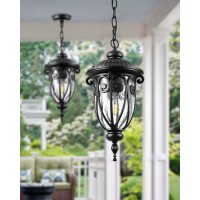 Vianis Black Outdoor Pendant Light Lantern Modern Outdoor Chandelier Handcrafted Hanging Outdoor Lights With Seed Glass Outdo