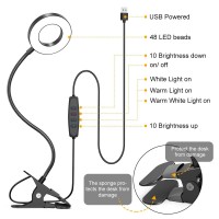 Kexin Clip On Table Lamp 3 Color Modes 10 Brightness Eyecaring Clamp Light Dimmable Reading Lamp 360 Rotatable Metal Gooseneck