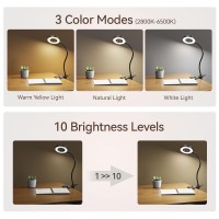 Garmese Led Desk Lamp Clip On Light With 3 Color Modes 10 Brightness Ringclamp Light 360 Flexible Gooseneck Dimmable Eye Protec