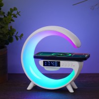 Leenabao Mini Wireless Speaker Lamp With Alarm Clock Wireless Charging Atmosphere Light Bedside Table Lamp Gifts White