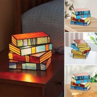 Stained Glass Stacked Books Lamp, Stacked Books Glass Lamp, Handcrafted Glass Nightstand Desk Book Lamps, Reading Nook Lighting Vintage Table Lamp Decorative Sale