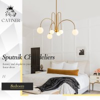 Catiner Gold Sputnik Chandelier 6 Lights Large Modern Chandelier L40 Mid Century Long Ceiling Pendant Light Fixtures For Dinin