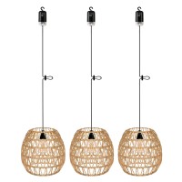 3X Boho Vintage Battery Operated Pendant Light With Remote Control Led Bulb Chandelier For Gazebo Hanging Lamp Rattan Shade Lantern Powered By 4*Aa Batteries For Bedroom Porch Patio Backyard Decor