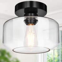 Industrial Semi Flush Mount Ceiling Light Black And Brushed Nickel, 800 Lumen Led Bulb Included, Clear Glass Shade Ceiling Light Fixture, Farmhouse Light Fixture For Hallway Corridor Kitchen Bathroom