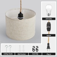 Kuaugst Plug In Pendant Light Hanging Light With Plug In Cord With Dimmable Switch Hanging Lamp With 15Ft Hemp Rope Beige Lin