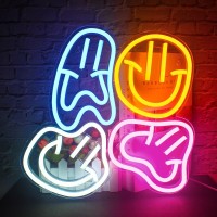 Wedxixi Smile Faces Neon Sign Led Distorted Happy Faces Neon Light Signs For Wall Decor Usb Light Up Signs For Kids Bedroom Aest