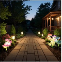 Fortunal Solar Garden Lights Fake Hydrangea Flowers Pathway Lights For Outdoor Decoration 2 Lighting Modes Powered By Updated Monocrystalline Solar Panel (2 Pack Of Purple)