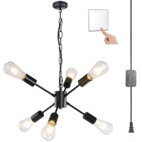 Plug In Chandelier,6-Light Hanging Lights With Plug In Cord 16.4Ft & Wireless Wall Switch, Black Mini Plug In Pendant Light, Modern Sputnik Chandeliers For Dining Room Living Room Bedroom