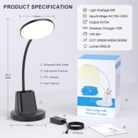 Comzler Led Desk Lamp With Wireless Charger Pen Phone Holder Black Desk Lamp For Home Office Dimmable Desk Light 3 Color Modes