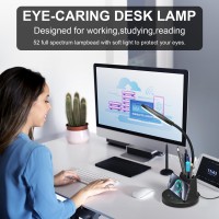 Comzler Led Desk Lamp With Wireless Charger Pen Phone Holder Black Desk Lamp For Home Office Dimmable Desk Light 3 Color Modes