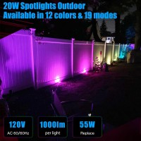 Fulanzaren 20W Spotlights Outdoor, 120V 1000Lm Rgb Led Spot Lights Outdoor With Transformer & Remote, 12 Colors 19 Modes, Ip65 Waterproof 46.5Ft Cord Outdoor Lights For Yard Garden, Ul Listed, 4 Pack