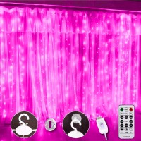 Sinamer Pink Curtain Light For Bedroom 300 Led 98Ft X 98Ft Window Fairy Curtain String Light With 16 Hooks 8 Models Remote C