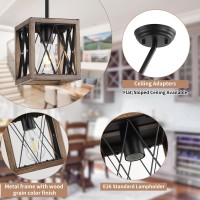 Keesfu Farmhouse Pendant Light 1 Light Metal Cage Hanging Light With Wooden Grain Finish Height Adjustable Kitchen Island Light