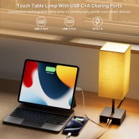 Golspark Table Lamp With Usb C Usb A Port Square Touch Lamp For Bedroom With 3 Way Dimmable 2700K Warm Light Beige Fabric Lamp