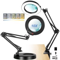 Lancosc 10X Magnifying Glass With Light And Stand 5 Color Modes Stepless Dimming Led Desk Lighted Magnifier Adjustable Swing A