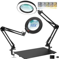 10X Magnifying Glass With Light And Stand Large Base Magnifying Desk Lamp With Clamp 5 Color Mode Stepless Dimming Led Lighted