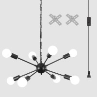 Lwytjo Black Plug In Chandelier, 8 Light Modern Sputnik Chandelier For Dining Room, Hanging Lights With Plug In Cord 16.4Ft & On/Off Switch, Plug In Pendant Light For Living Room Kitchen Island