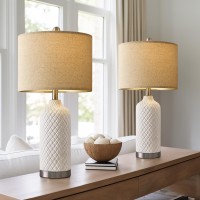 Gsafava 2425 Modern White Ceramic Table Lamps Set Of 2 Boho Farmhouse Bedside Lamps With White Linen Shades Perfect For Li