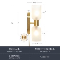 Hampton Hill 2 Bulb Modern Indoor Wall Sconce, Plug In Wall Lamps For Living Room, Iron Frame, Frosted Glass Shade, Clear Polarized Plug In Cord, Verticle/Horizontal Entryway Wall Lights - Gold Dove