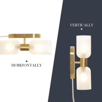 Hampton Hill 2 Bulb Modern Indoor Wall Sconce, Plug In Wall Lamps For Living Room, Iron Frame, Frosted Glass Shade, Clear Polarized Plug In Cord, Verticle/Horizontal Entryway Wall Lights - Gold Dove