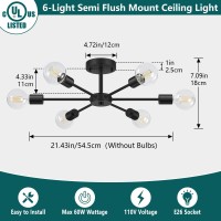 Lomoky 6Lights Semi Flush Mount Ceiling Light Matte Black Close To Ceiling Lighting With E26 Base Modern Sputnik Light Fixtur