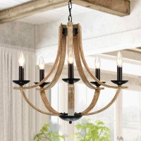 Lampkeduo Farmhouse Chandeliers For Dining Room Light Fixture 5Light 24 Inch Faux Wood Texture Hanging Lighting Fixtures Rust