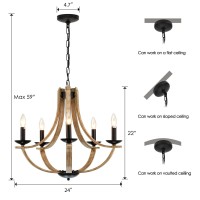 Lampkeduo Farmhouse Chandeliers For Dining Room Light Fixture 5Light 24 Inch Faux Wood Texture Hanging Lighting Fixtures Rust