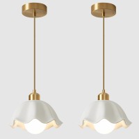 Fulesi Pendant Light Set Of 2 Retro White Wave Ceramic Lampshade Minimalist Style Ceiling Hanging Lamp Brass Finish Ceiling Light For Kitchen Island Bedroom Bedside