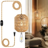 Plug In Pendant Light 15Ft Hemp Rope Cord Hanging Lights With Plug In Cord Dimmable Rattan Hanging Lamp Wicker Woven Basket Lam