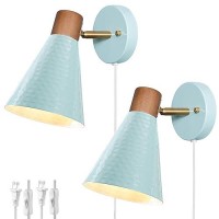 Dsmjfu Cyan Plug In Wall Sconces Set Of 2 Modern Wall Light With Plug In Cord Wooden Plug In Wall Lamps With Hammered Metal Sh