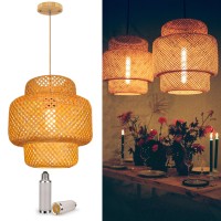 Yiizon Bamboo Pendant Lights Boho Wicker Rattan Chandelier Natural Hanging Lamp For Living Room Bedroom Kitchen Island Farm