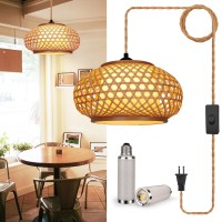 Yiizon Plug In Pendant Light Fixture With Updownlight Led Spotlight Hand Woven Bamboo Lamp Shade Hanging Lights With Plug In Co